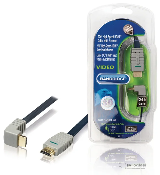 Bandridge HDMI 270° Flat Corner Cable 24k Gold 1m