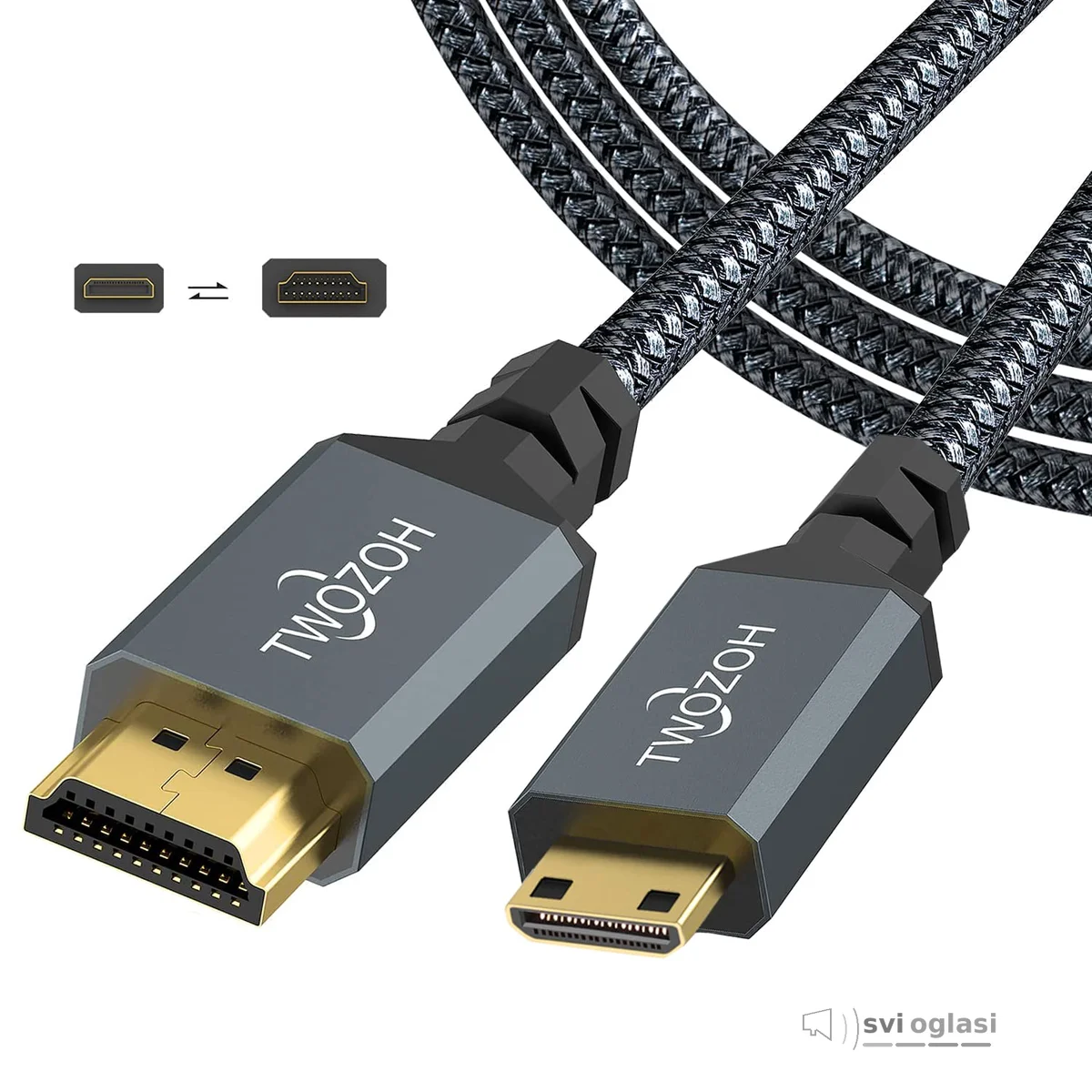 Twozoh Mini HDMI to HDMI Cable 10FT, High-Speed HDMI to Mini HDMI Braided Cord Support 3D 4K60Hz 1080p 720p