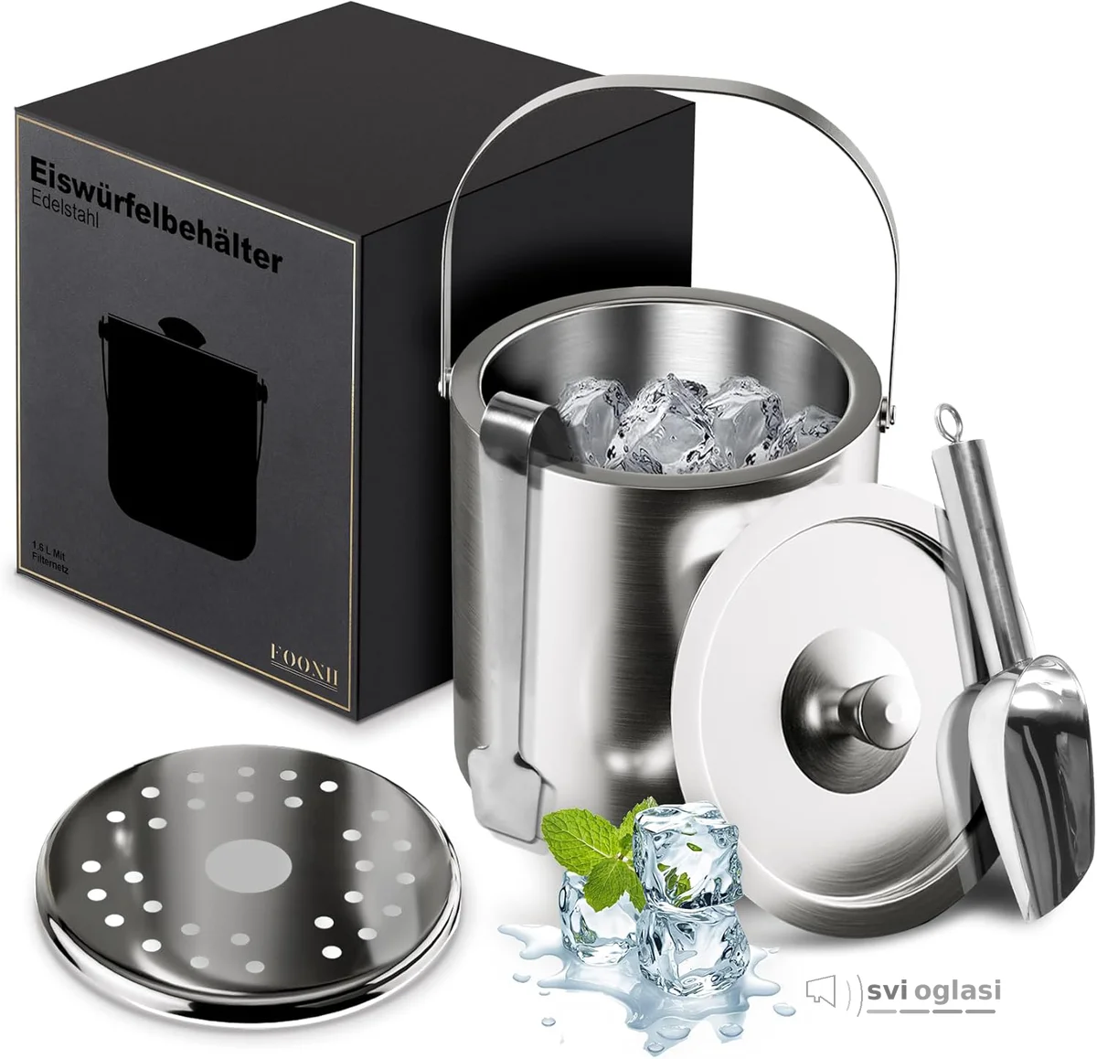 Foonii 1.6 L Ice Cube Tray, Stainless Steel Ice Bucket with Lid and Tongs and Strainer